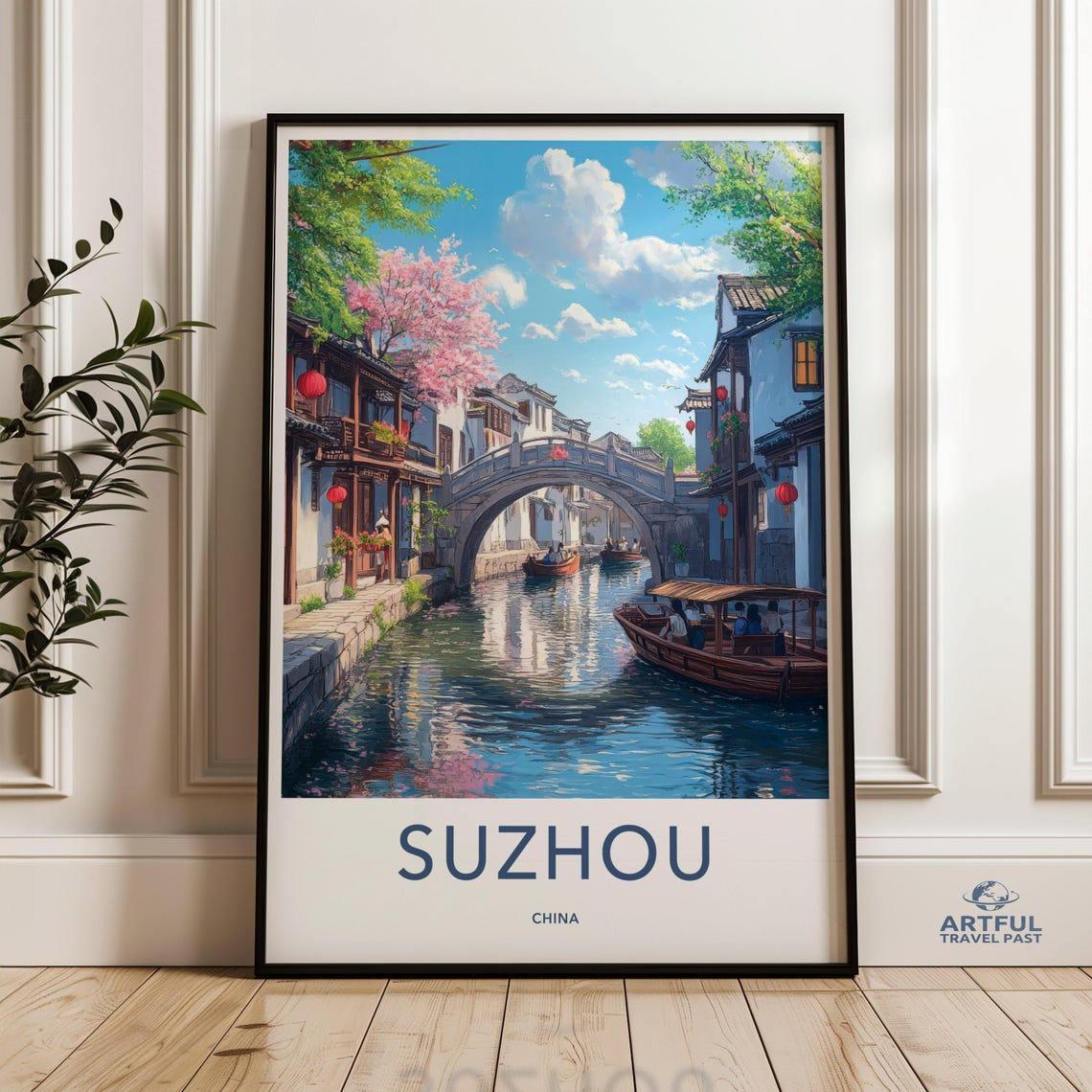 Suzhou China Canal Scene Travel Poster With Stone Bridge Boats Art