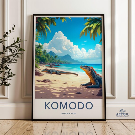 Komodo National Park Travel Poster With Komodo Dragons on a Tropical Beach
