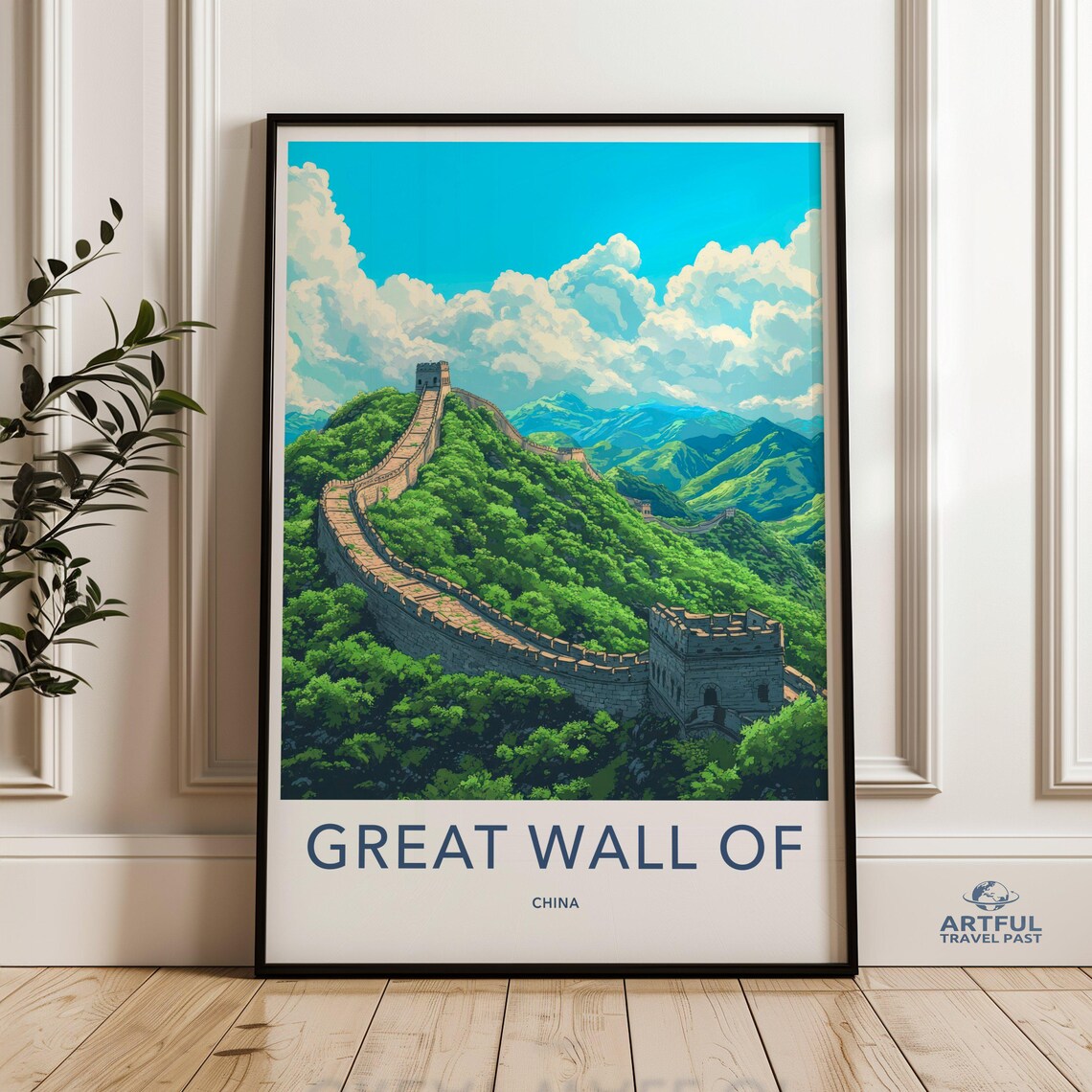 Great Wall of China Green Mountains Vintage Travel Poster Artwork