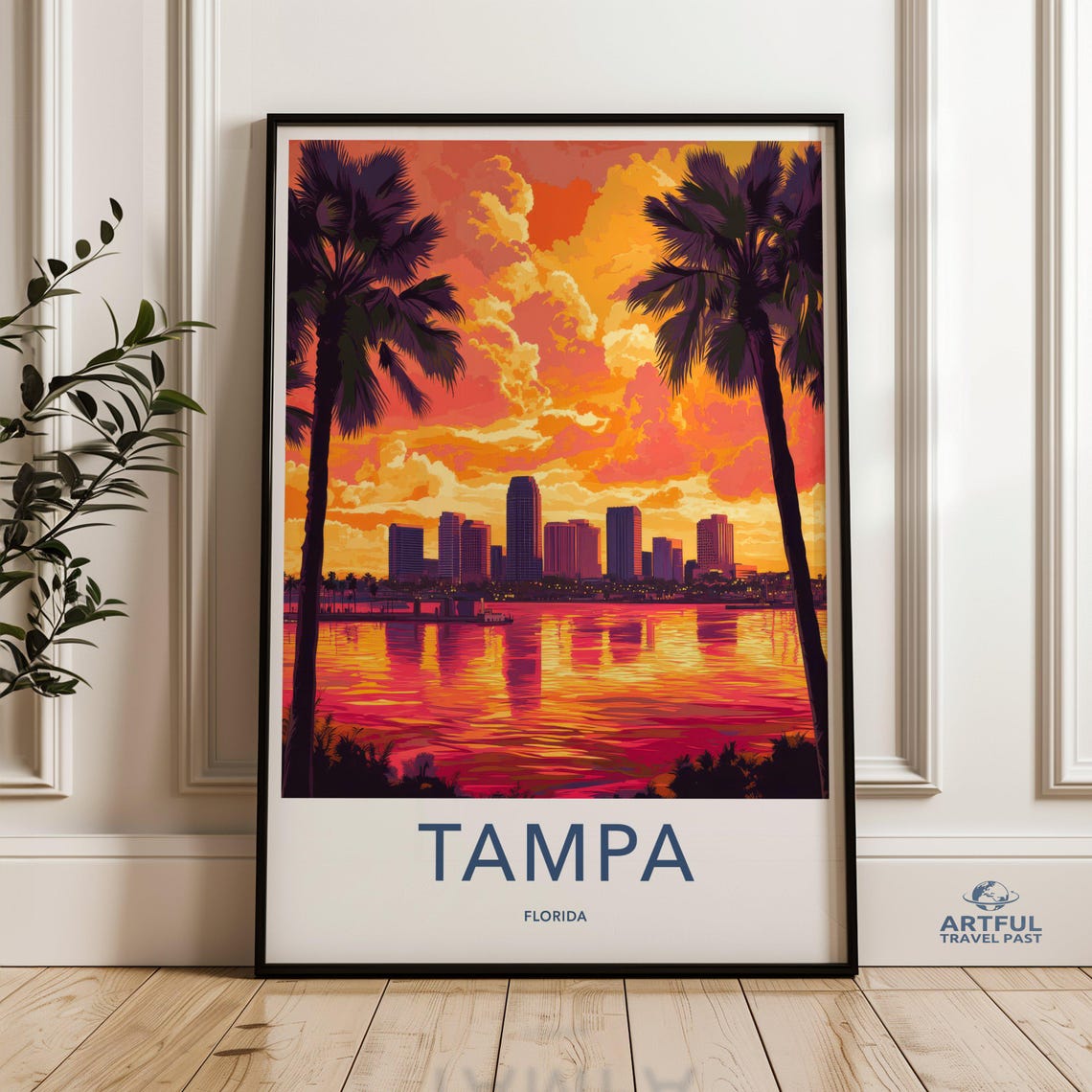 Tampa Florida Wall Art Cityscape Sunset Palm Trees Print Home Decor Modern Travel Poster Artwork