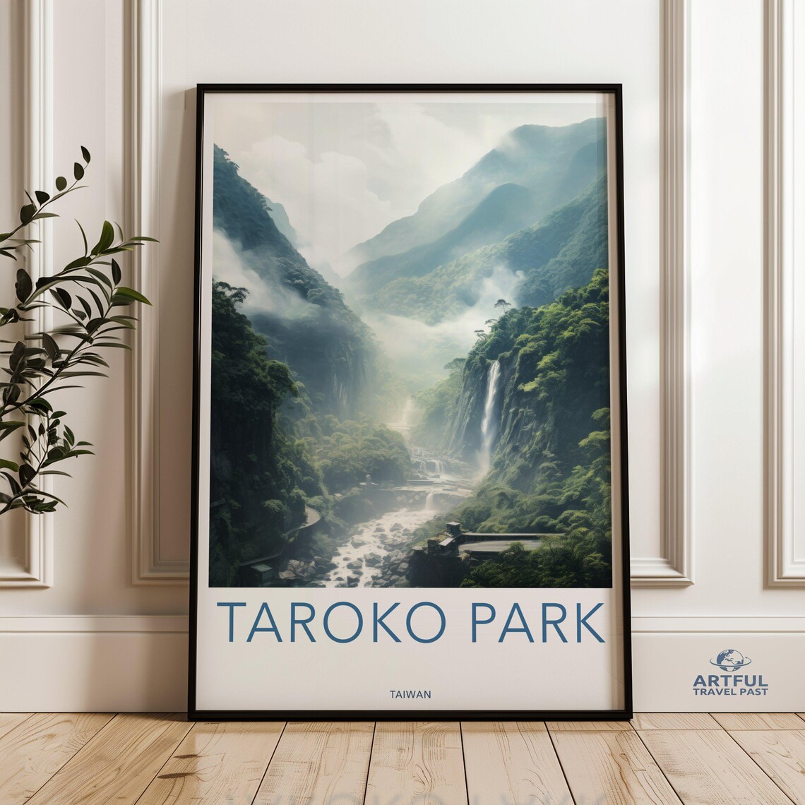 Taroko Park Taiwan Misty Gorge Waterfall Mountain Travel Poster Art