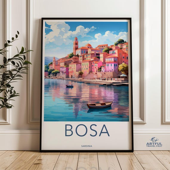 Bosa Wall Art Coastal Town Print Sardinia Italy Poster Vibrant Cityscape Scenic Mediterranean Decor Colorful Buildings