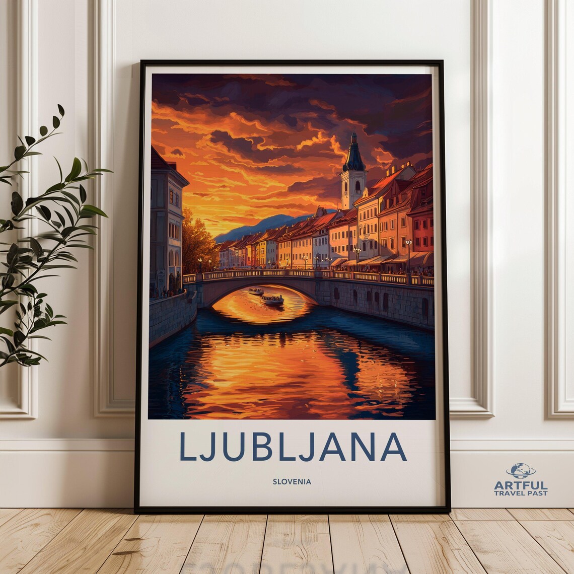 Ljubljana Slovenia Sunset Cityscape Travel Art Poster for Old Town