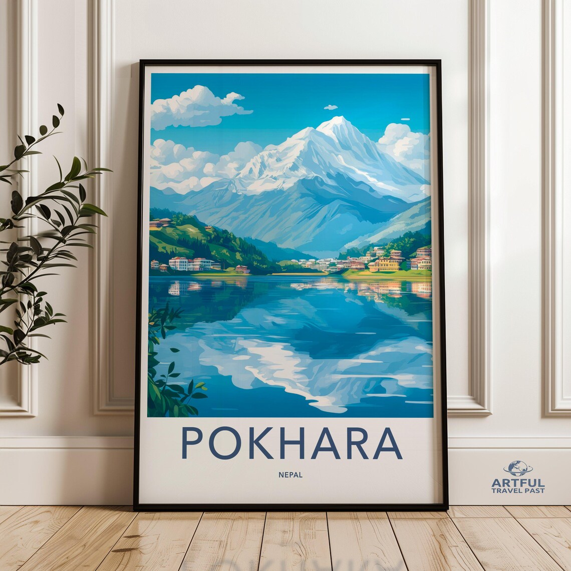 Pokhara Nepal Snowy Himalayan Peak Lake Reflection Travel Poster