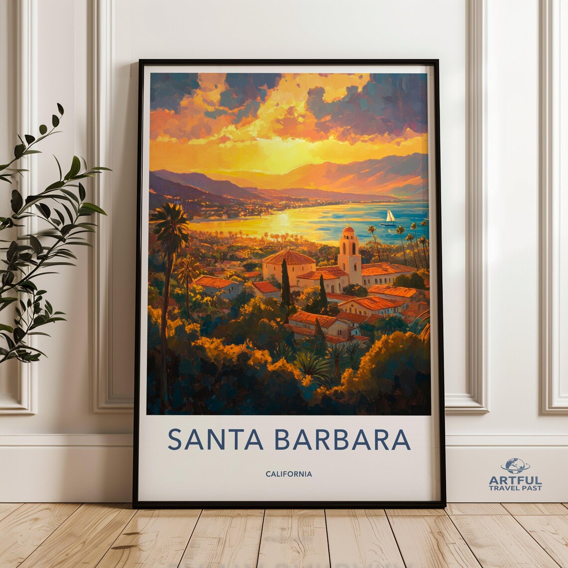 Santa Barbara California Sunset Coast Cityscape Travel Art Poster
