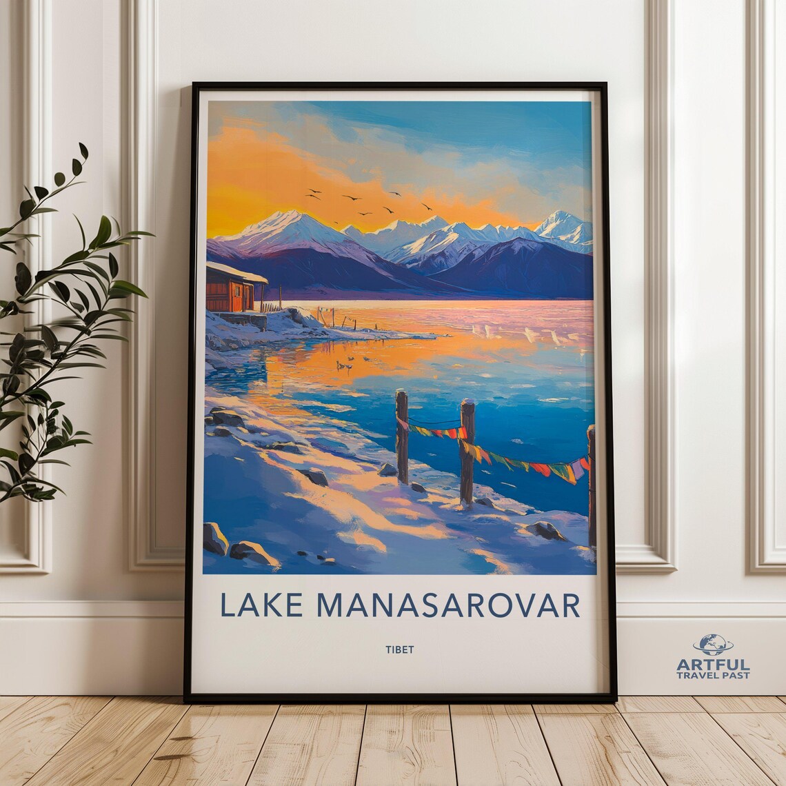 Lake Manasarovar Tibet Snowy Himalayan Sunrise Vintage Travel Poster