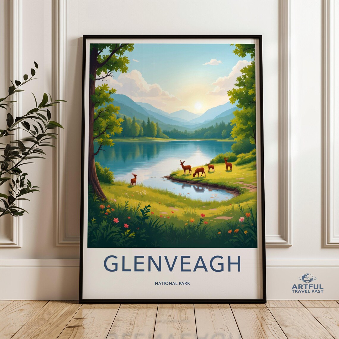 Glenveagh National Park Deer by the Lake Sunset Vintage Travel Poster