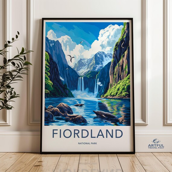 Fiordland National Park Waterfalls Fjords Nature Travel Poster