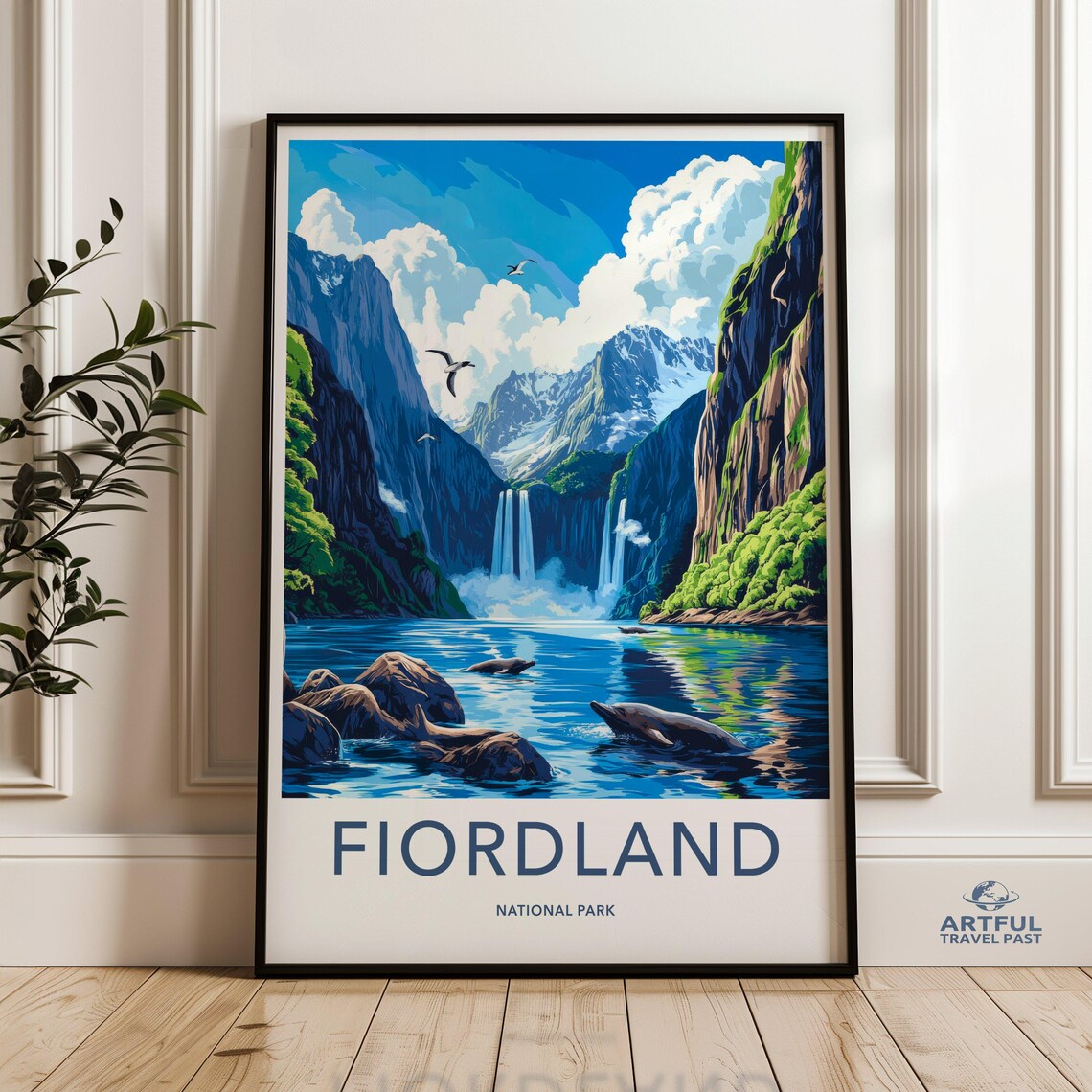 Fiordland National Park Waterfalls Fjords Nature Travel Poster