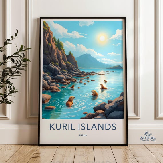 Kuril Islands Wall Art Russia Scenic Nature Print Ocean View Poster Wildlife Illustration Decor Coastal Sea Otters Artwork