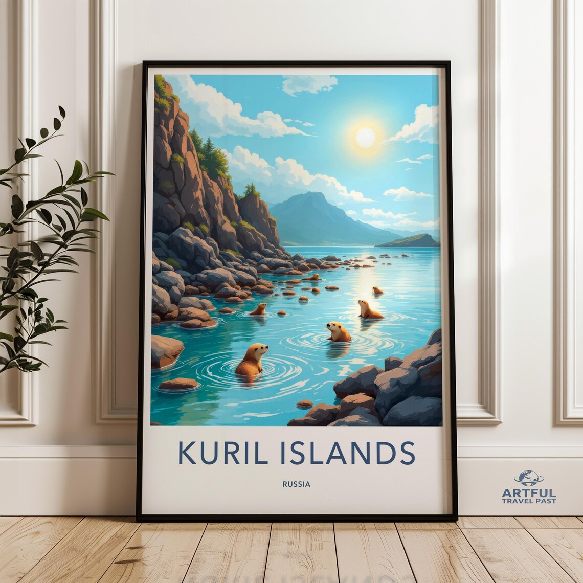 Kuril Islands Russia Sea Otters Rocky Coastline Travel Poster