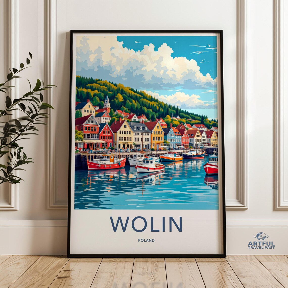 Wolin Poland Charming Harbor Boats Vintage Travel Style Poster
