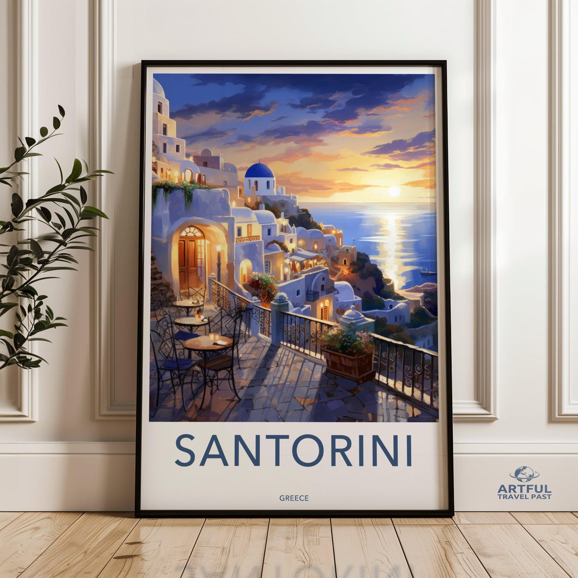 Santorini Greece Sunset Terrace Vintage Travel Destination Poster