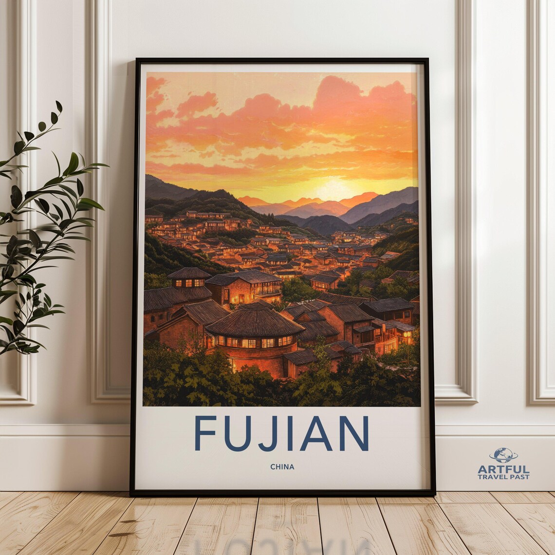 Fujian China Tulou Village Sunset Traditional Architecture Poster