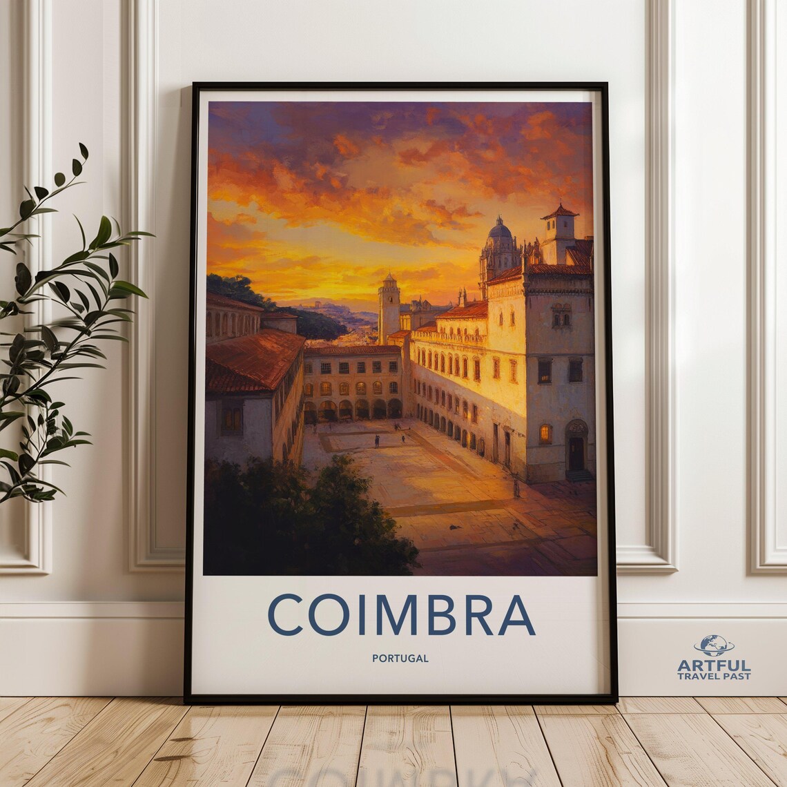 Coimbra Portugal Historic Sunset Cityscape Vintage Travel Poster