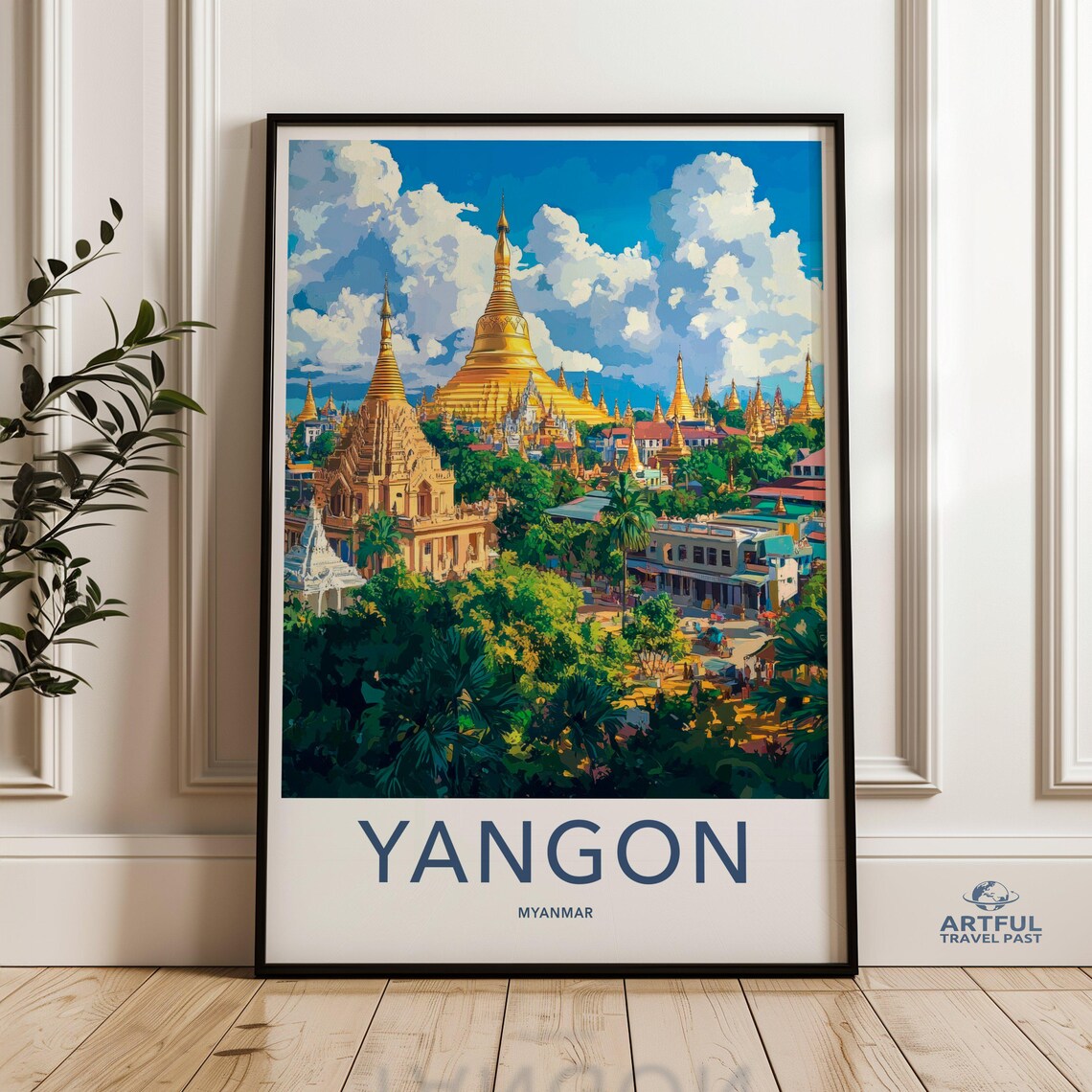 Yangon Myanmar Golden Shwedagon Pagoda Cityscape Retro Poster