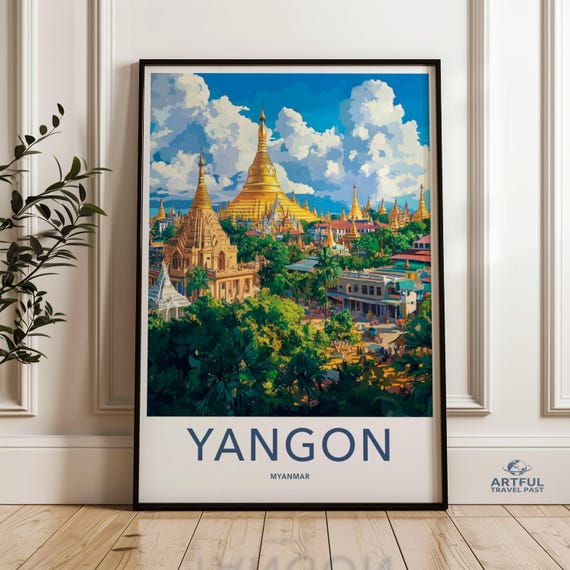 Yangon Myanmar Cityscape Wall Art Asian Architecture Print Southeast Asia Travel Poster Vibrant Urban Decor Golden Pagoda Artwork