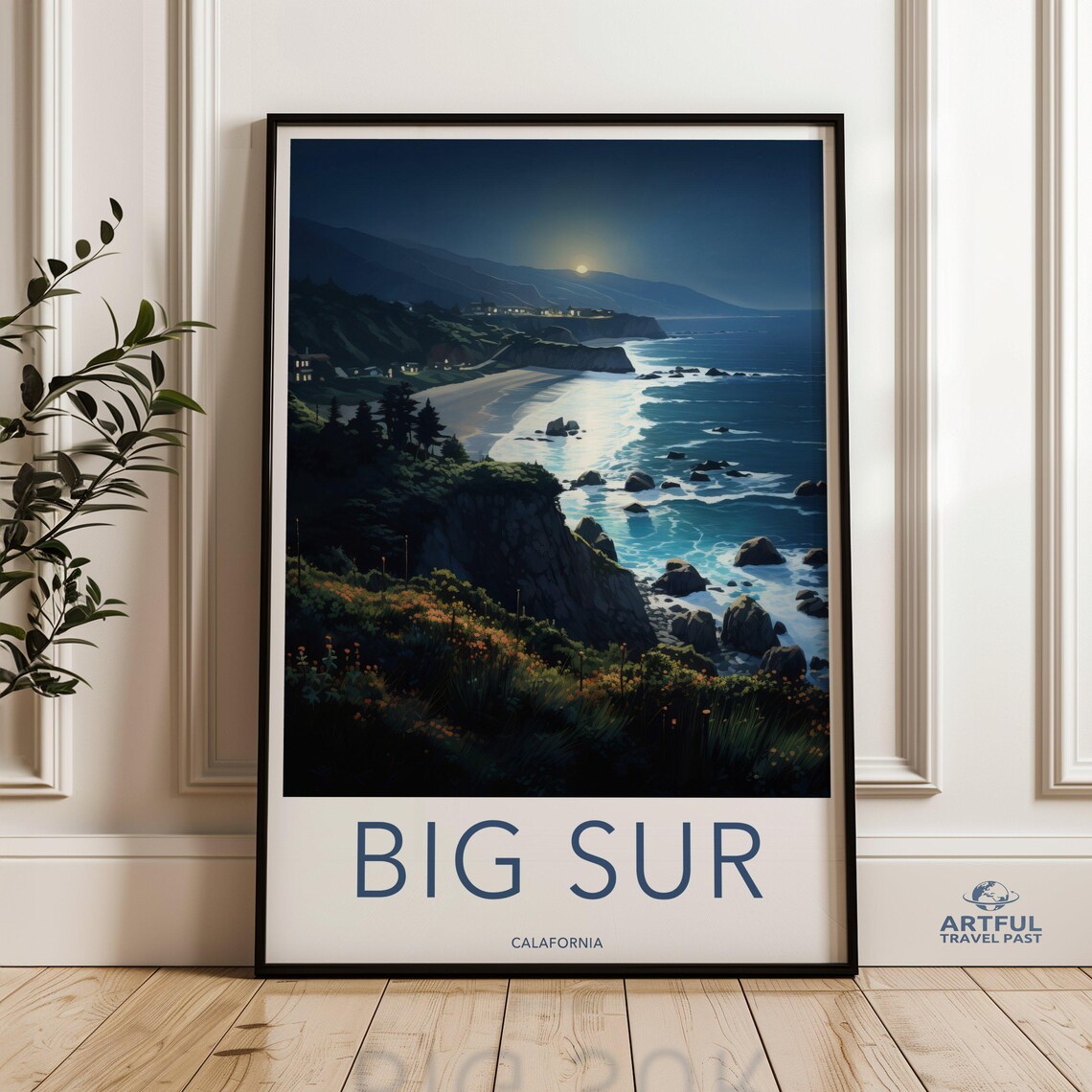 Big Sur California Moonlit Coast Night Vintage Travel Poster