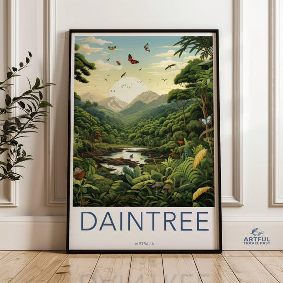Daintree Australia Wall Art Nature Landscape Print Mountain Forest River Decor Jungle Wildlife Illustration Tropical Poster