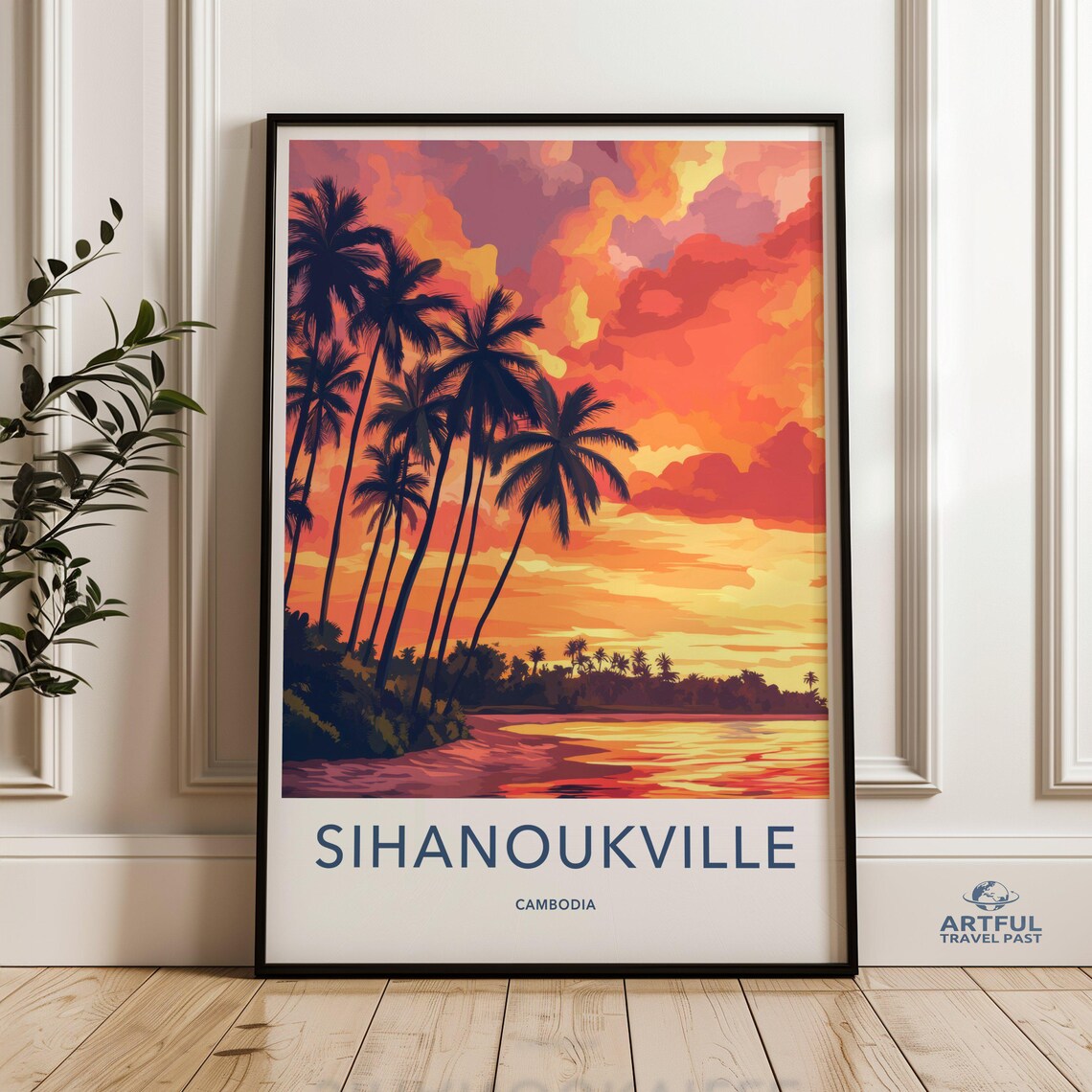 Sihanoukville Cambodia Sunset Travel Poster Palm Trees Beach Art