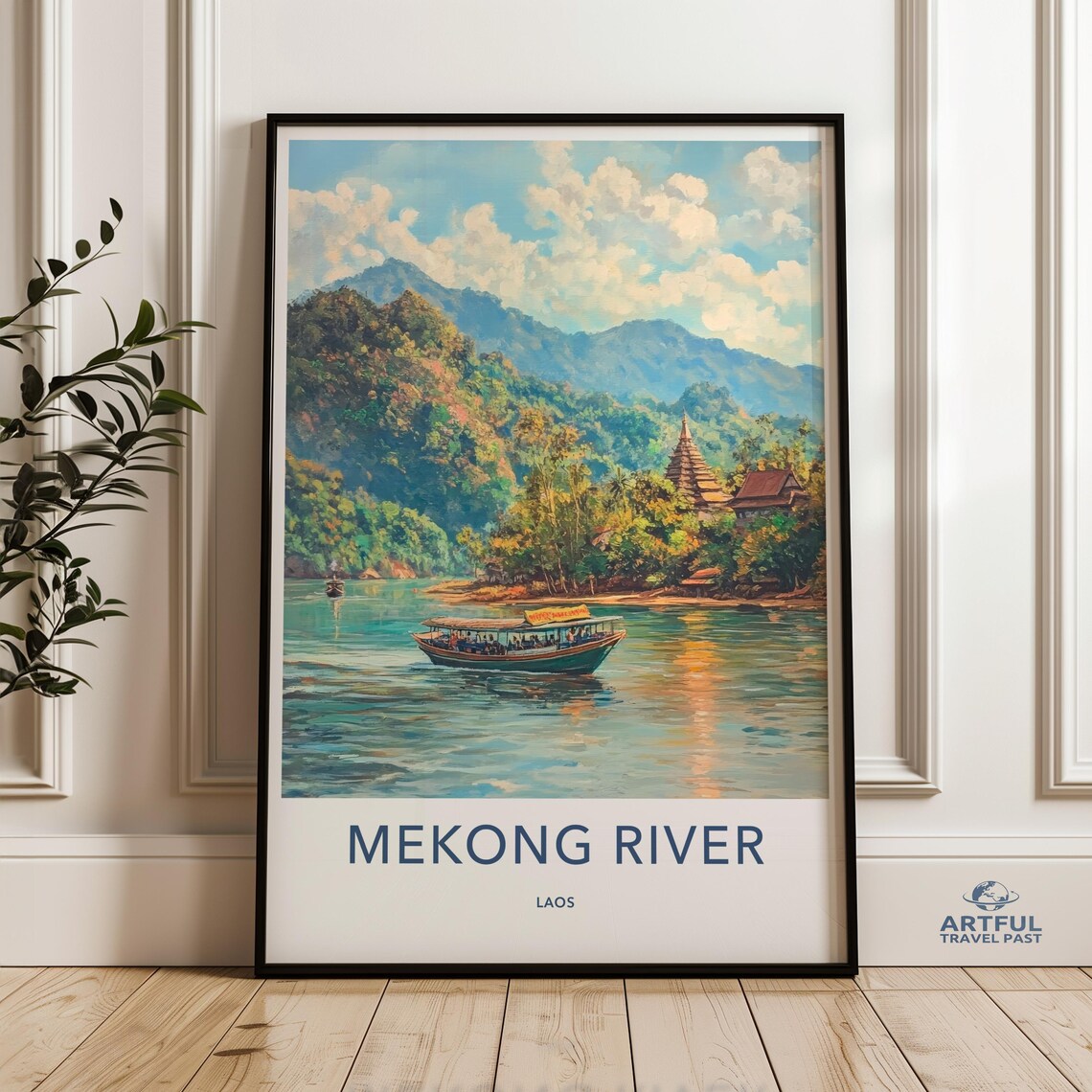 Mekong River Laos Long Boat Mountain Temple Vintage Travel Poster