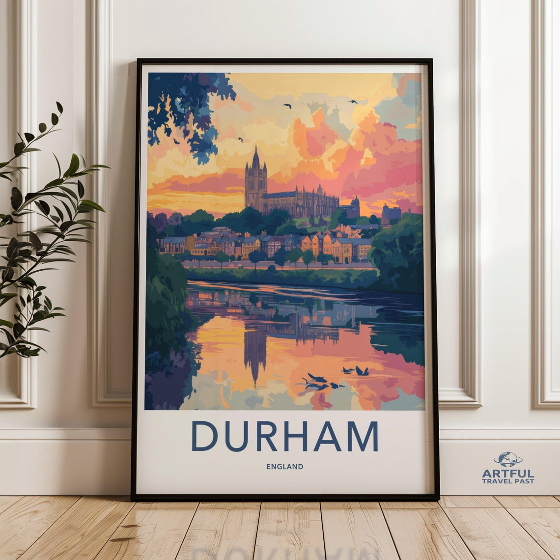 Durham England Wall Art Print Cityscape Poster Scenic River View Home Decor Gift For Travelers Illustration