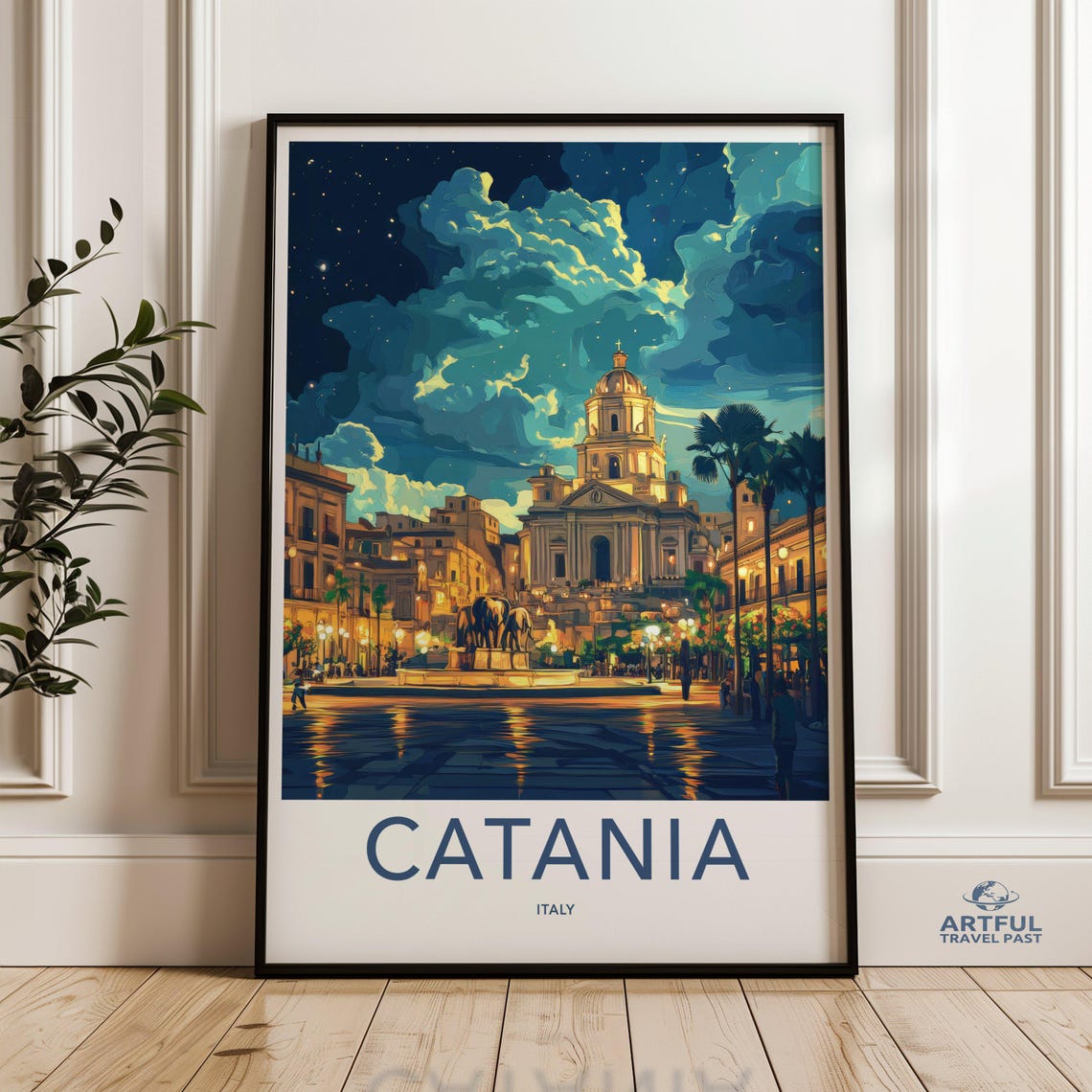 Catania Italy Cathedral Dome Lit Square Starry Night Travel Poster
