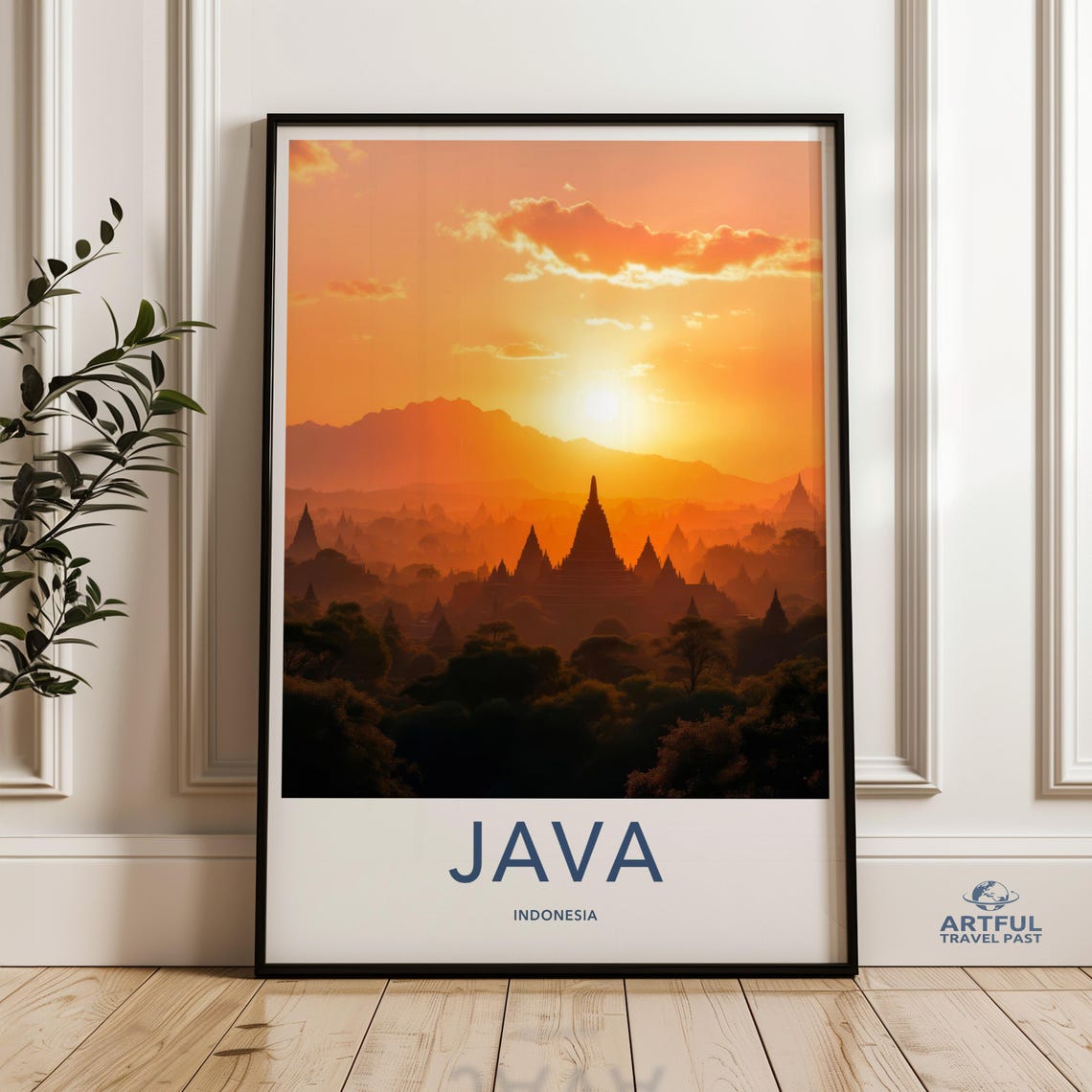 Java Indonesia Temple Sunrise Travel Poster Misty Jungle Golden Art