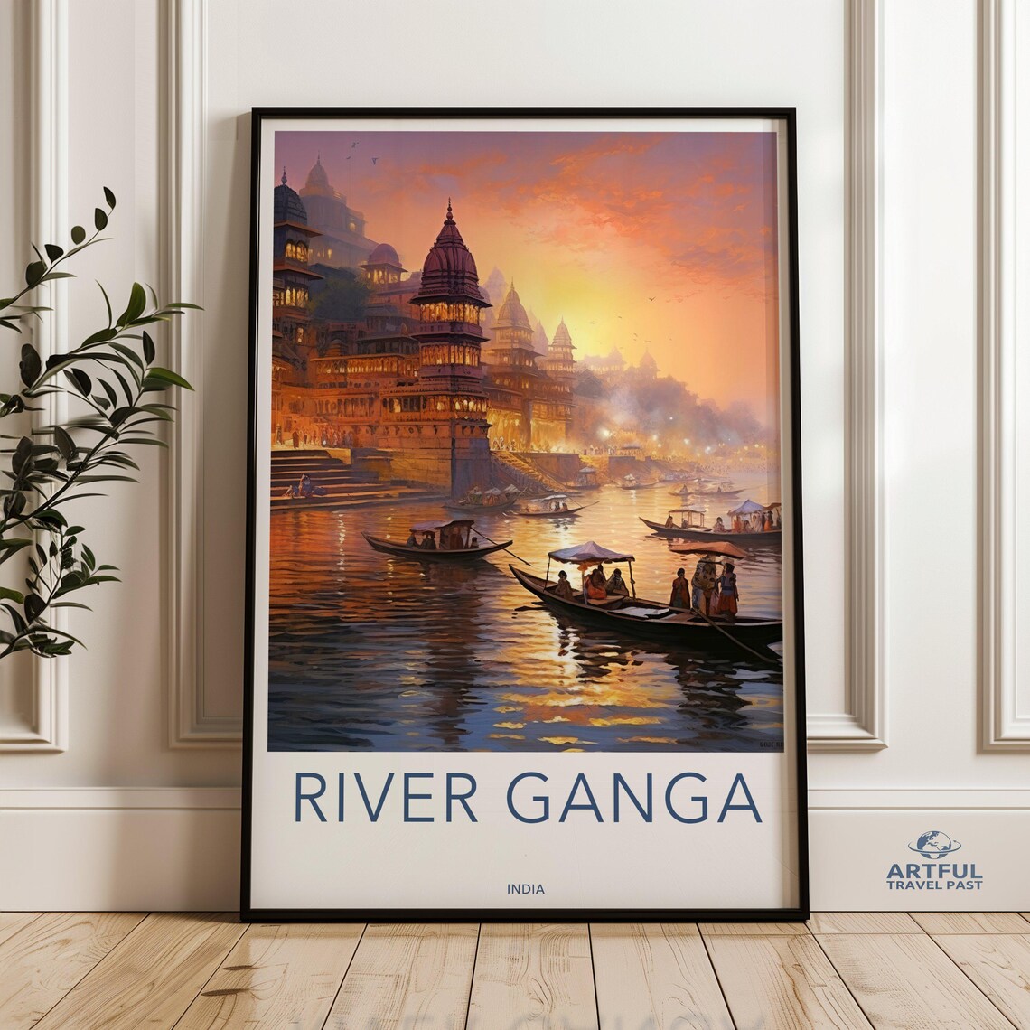 Golden River Ganga India Sunset Ghats Vintage Travel Art Poster