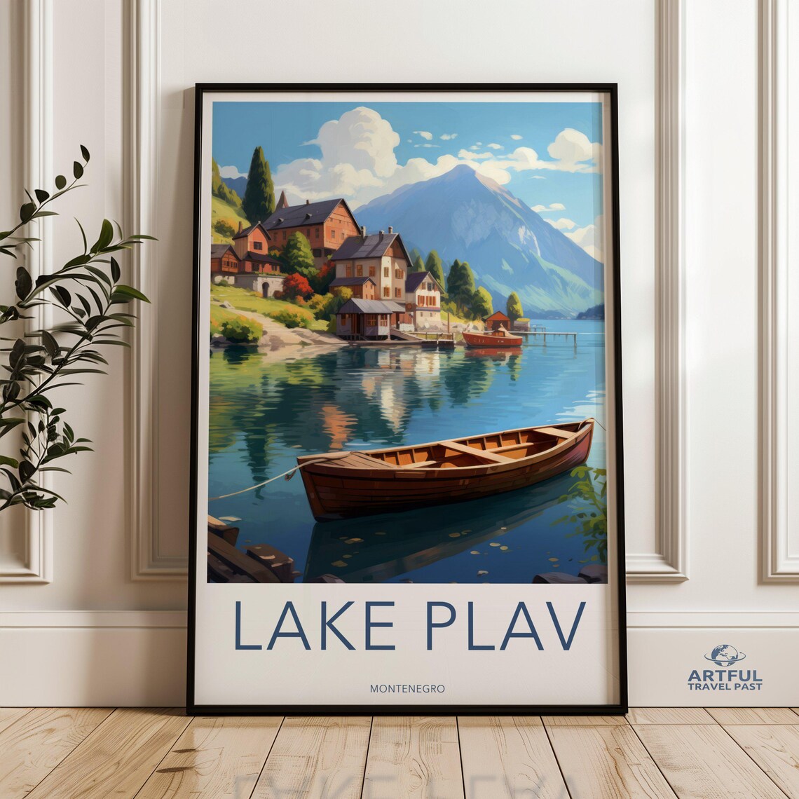 Lake Plav Montenegro Poster Alpine Lake Village With Wooden Rowboat