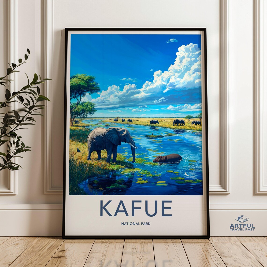 Kafue National Park Safari Poster Elephants Hippo River African Wildlife Art
