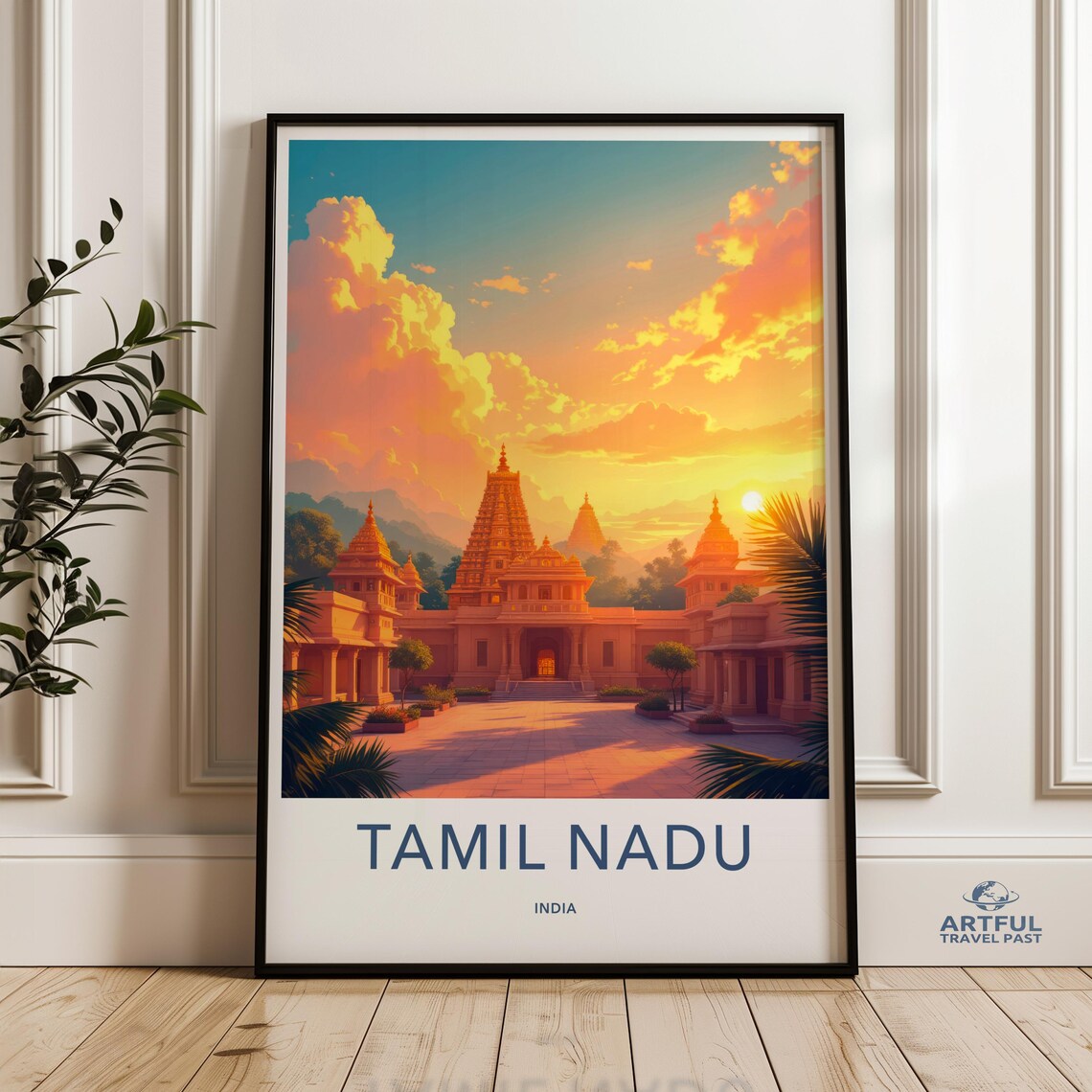 Tamil Nadu India Temple Gopurams Sunset Vintage Travel Art Poster