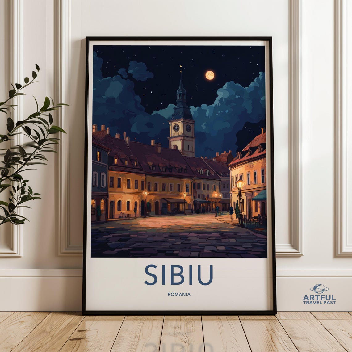 Sibiu Romania Night Old Town Clock Tower Moonlight Travel Poster