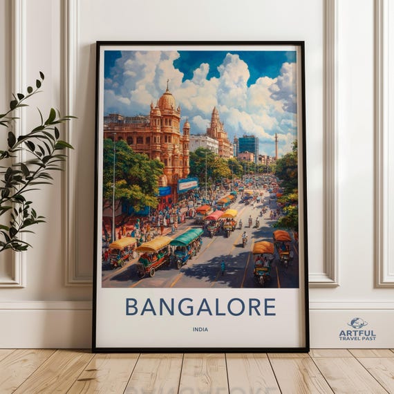 Vintage Bangalore Wall Art India Cityscape Poster Old Architecture Print Colorful Street Scene Retro Travel Decor