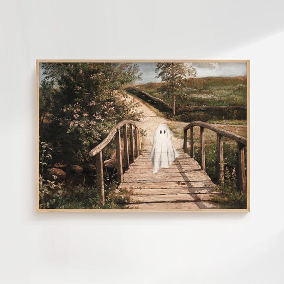 Ghosts In Painting Print Vintage Landscape Poster Halloween Farmhouse Decor Trendy