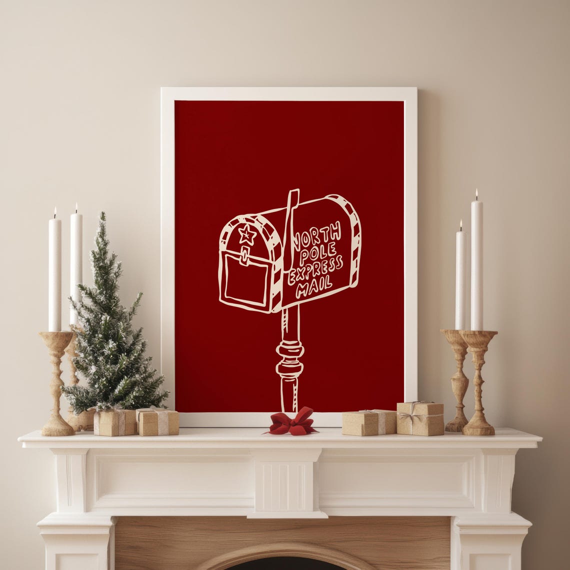 North Pole Express Mail Red Christmas Poster Whimsical Mailbox Art