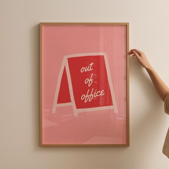 Out Of Office Print Red And Pink Dorm Room Decor Retro Trendy Wall Art Girly Prints Bar Cart Preppy