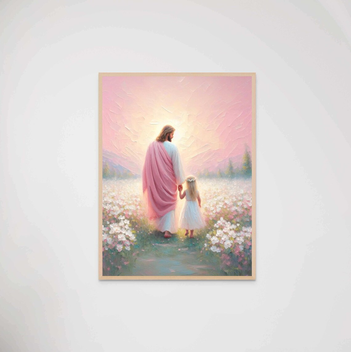 Jesus Christ and Girl Walking into Sunrise Through White Flowers Poster