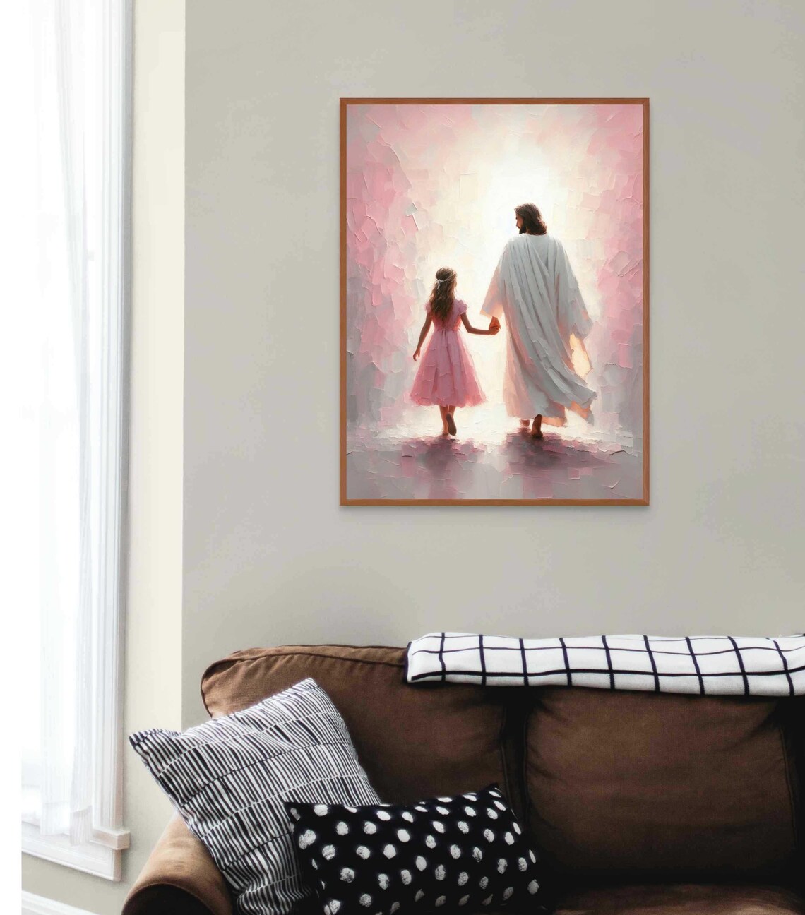 Jesus Walking Away With Girl Hand In Hand Pink Mist Light Christian Poster - Image 2