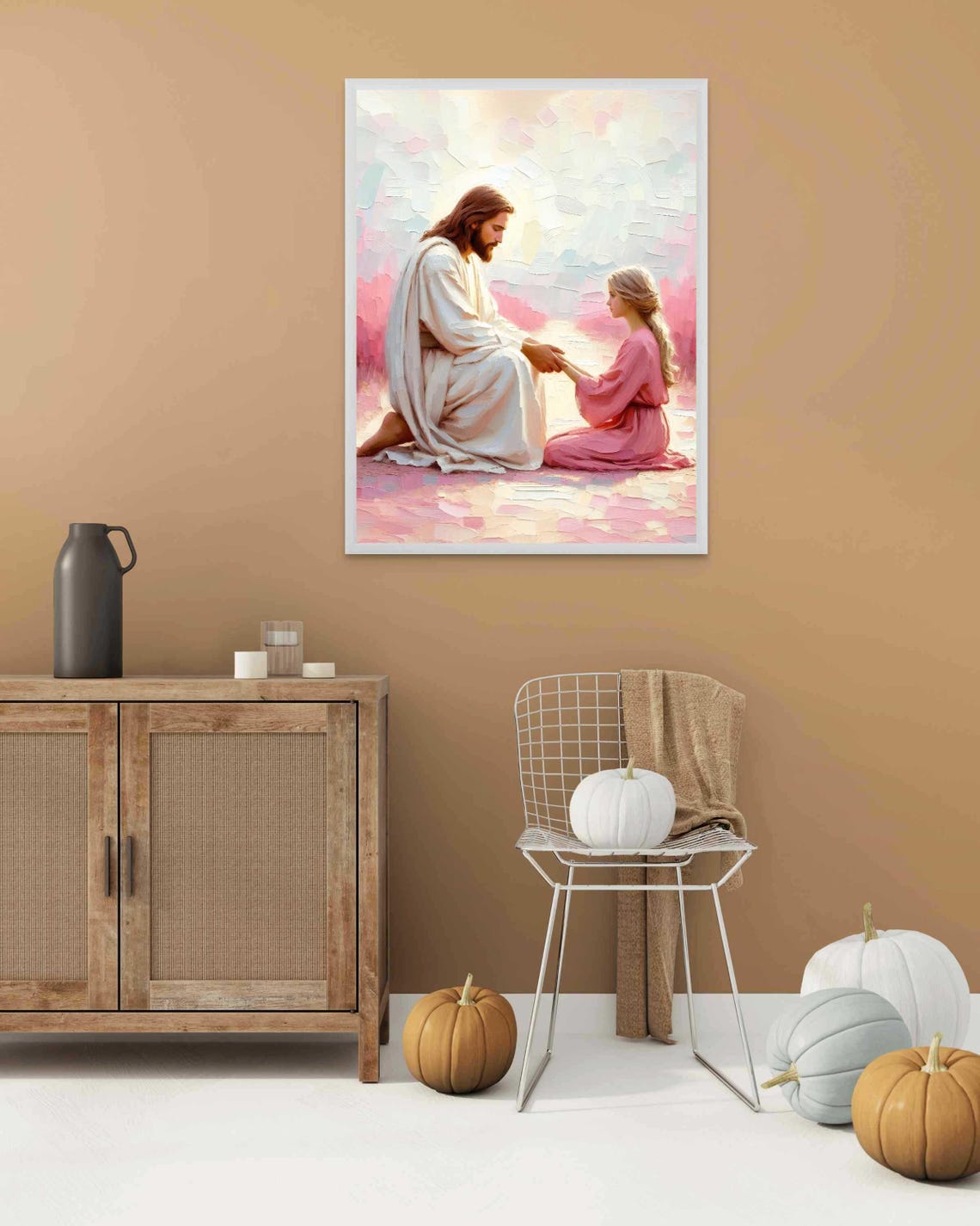 Jesus Kneeling Hand in Hand With Girl in Pink Soft Pastel Art Poster - Image 2