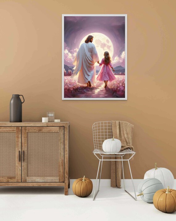 Jesus and Girl Walking Toward the Moon in Pink Night Art Poster