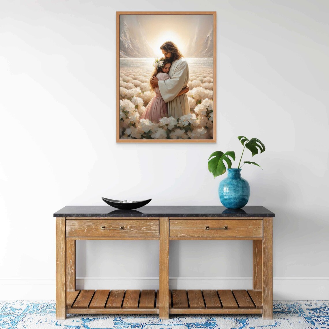Jesus Hugging Girl Flower Crown White Flower Field Lake Christian Poster - Image 6