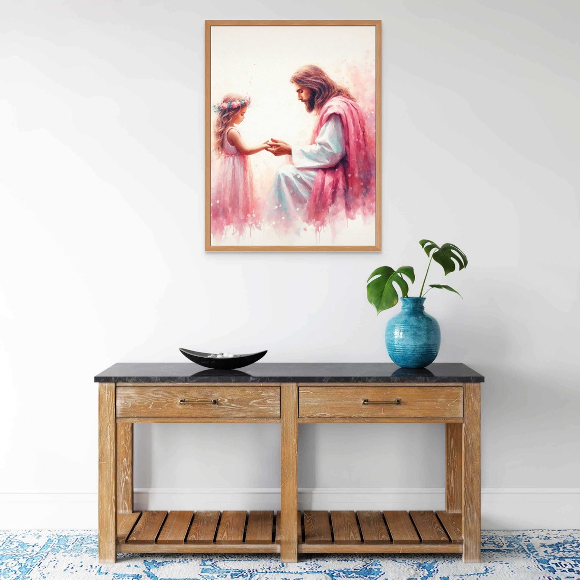 Jesus Kneeling With Girl Wearing Flower Crown Watercolor Poster - Image 6