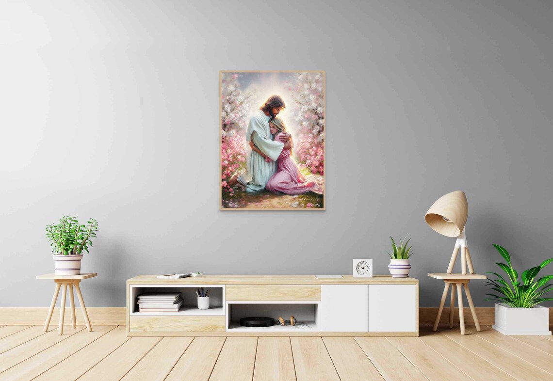Jesus Kneeling Embracing Woman Pink Dress Blossom Garden Christian Print - Image 7
