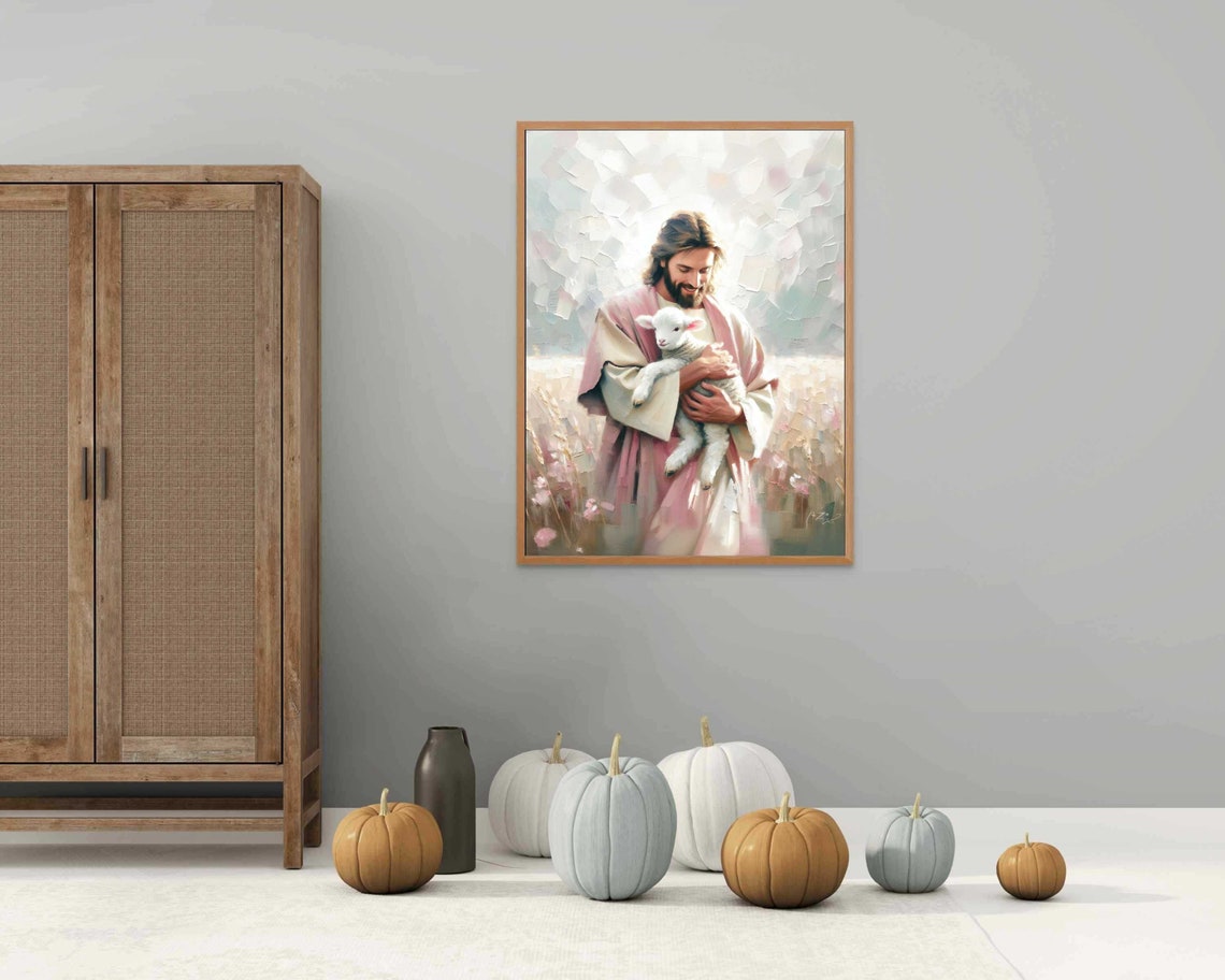 Jesus Standing in Flower Field Holding Lamb Pink Robe Art Poster - Image 2