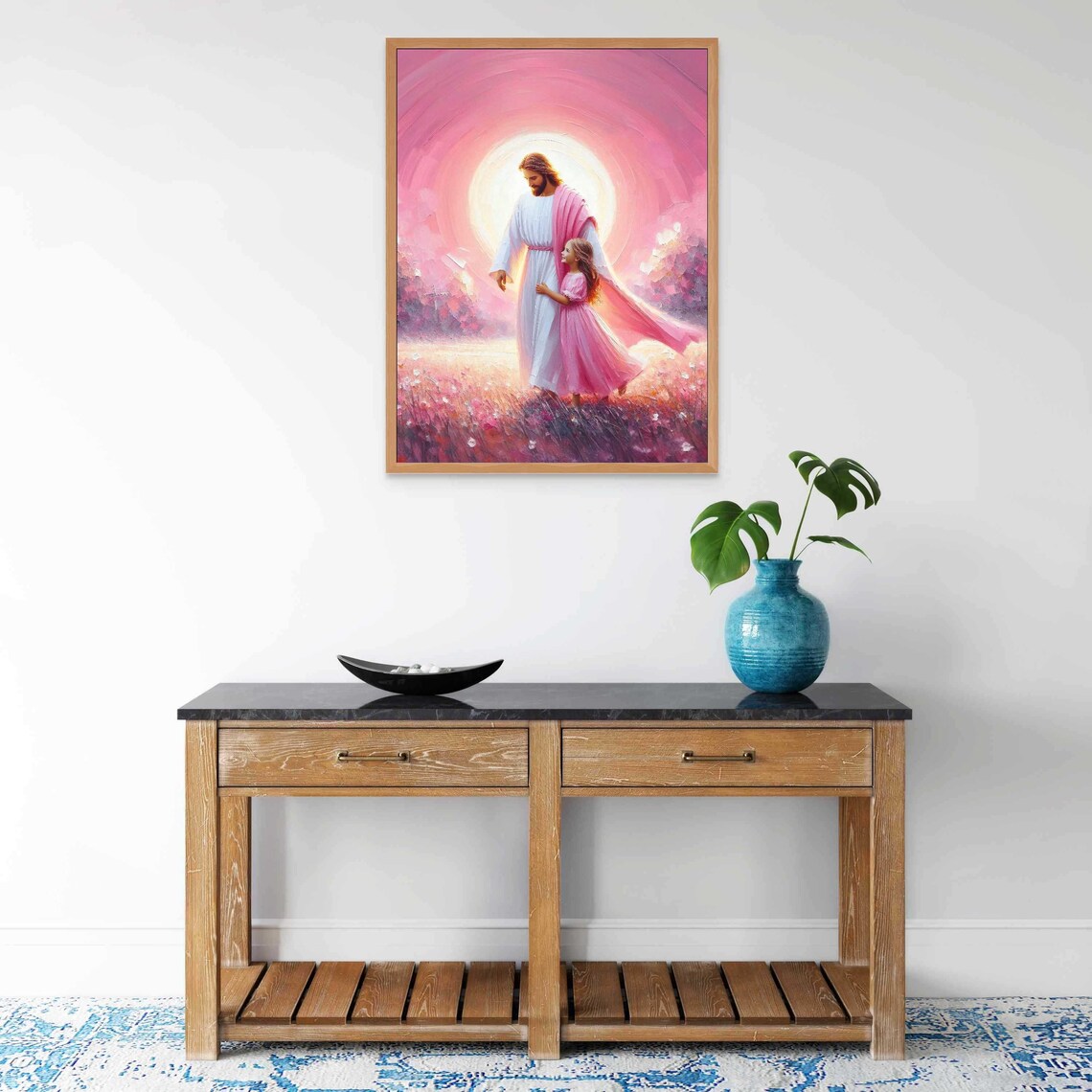 Jesus Walking With Little Girl Radiant Pink Sunrise Meadow Christian Poster - Image 4