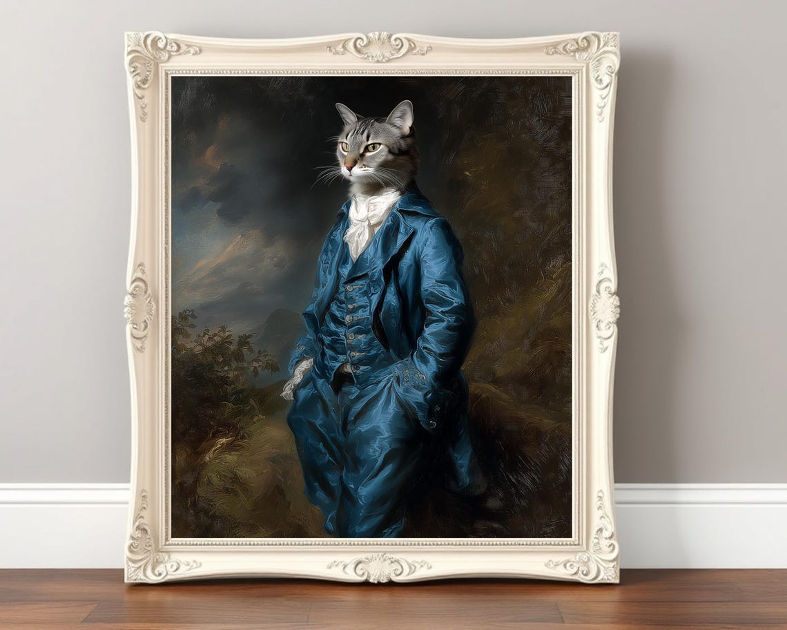 Royal Cat Portrait in Blue Coat Regency Style Whimsical Pet Poster