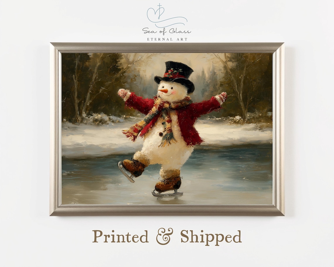 Snowman Ice Skating Vintage Christmas Art Print