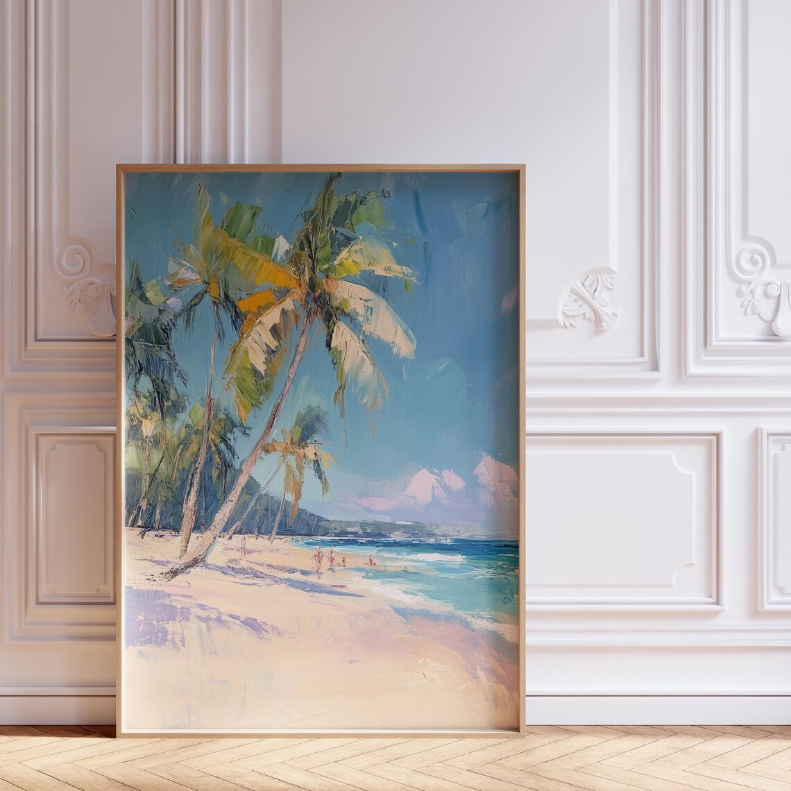 Palm Trees Beach Painting Leaning Palms Blue Sky Impressionist Poster