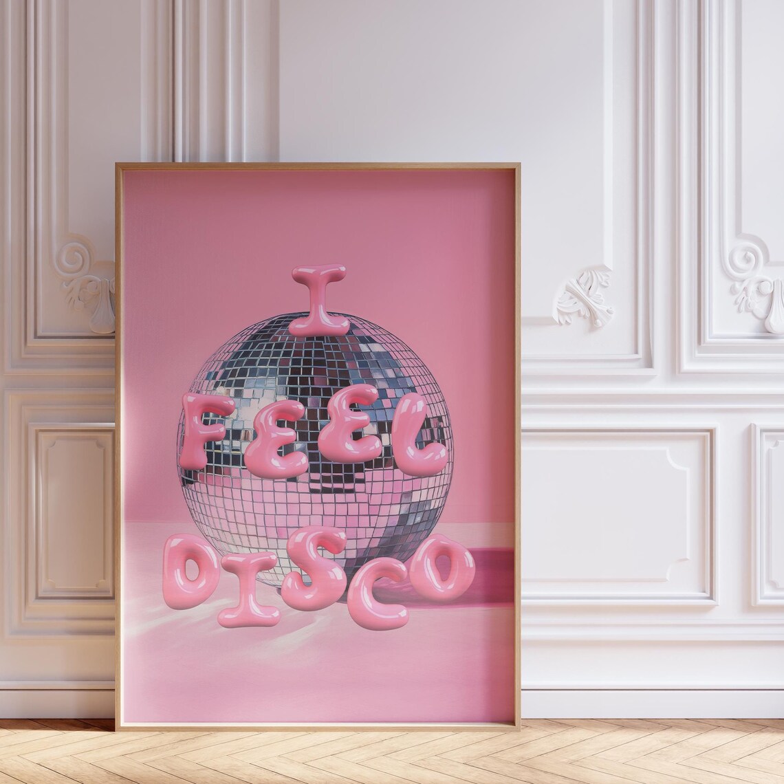 I Feel Disco Pink Bubble Letters Disco Ball Party Decor Poster
